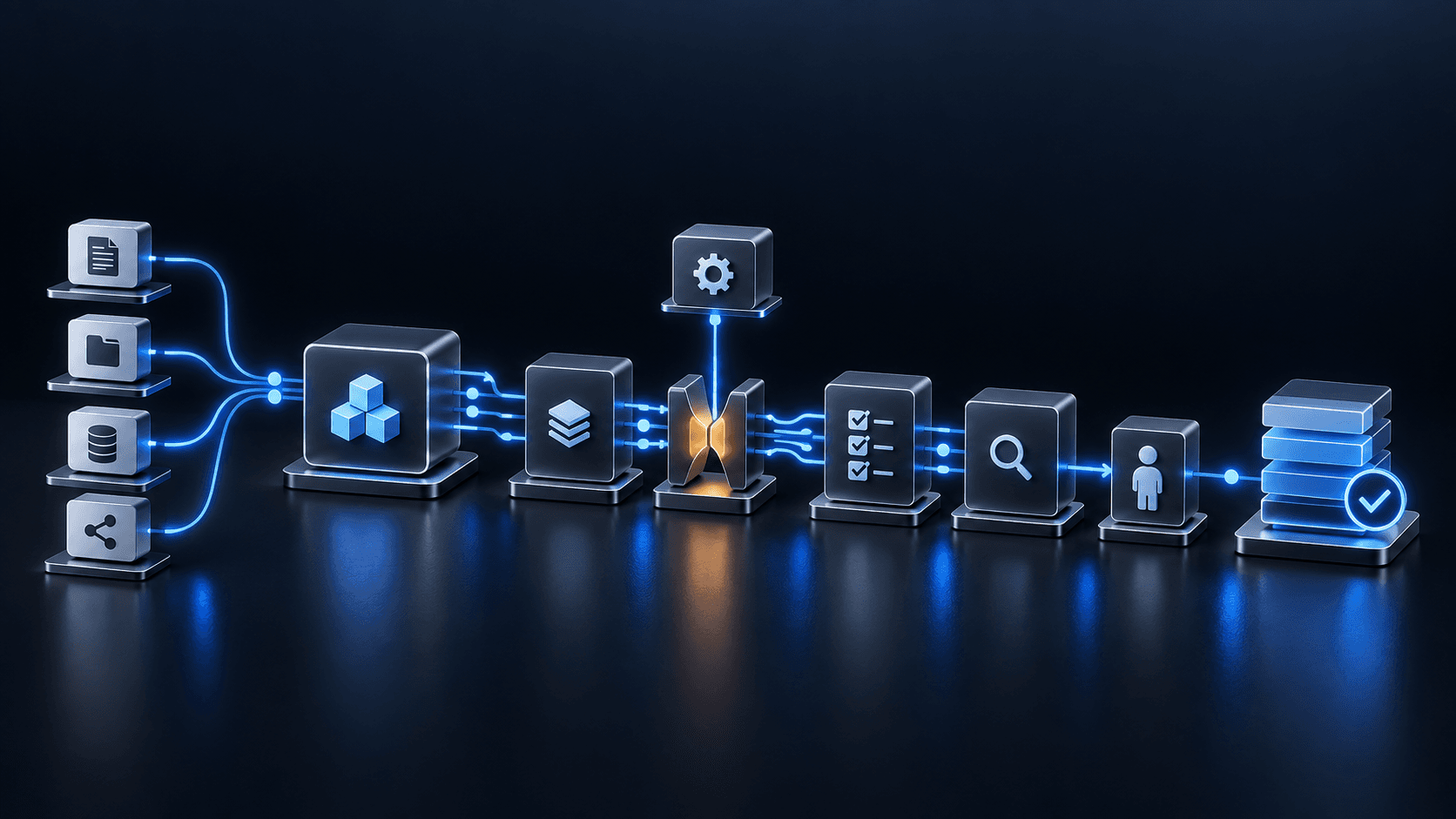AI engineering workflow from production inputs through implementation, checks, review and a verified delivery outcome.