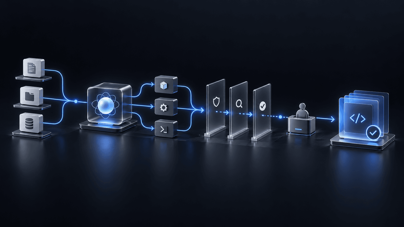 AI engineering system connecting context, agent workflows, verification, human judgment and review-ready code.